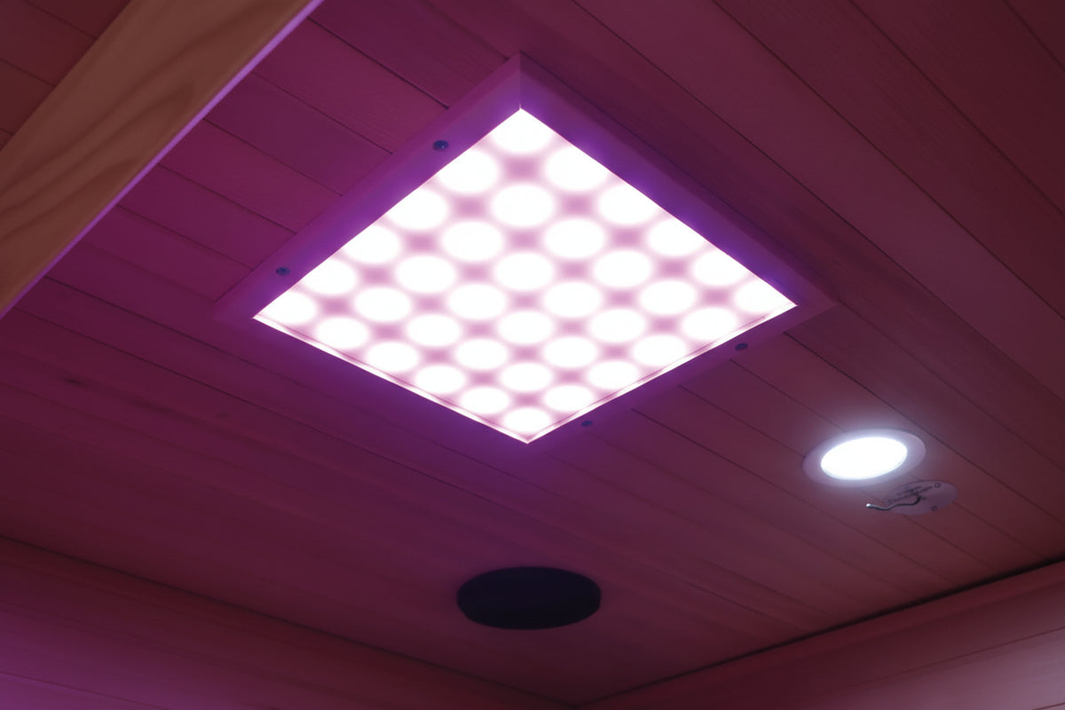 LED lighting fixture on a wooden ceiling with text 'LED LIGHTING'.